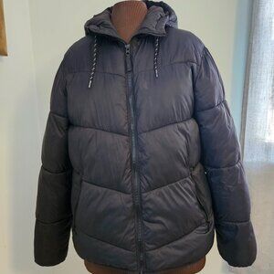 Old Navy Active, Black Puffer Coat, Size M, Fleece-Lined Hood, Zip Pockets